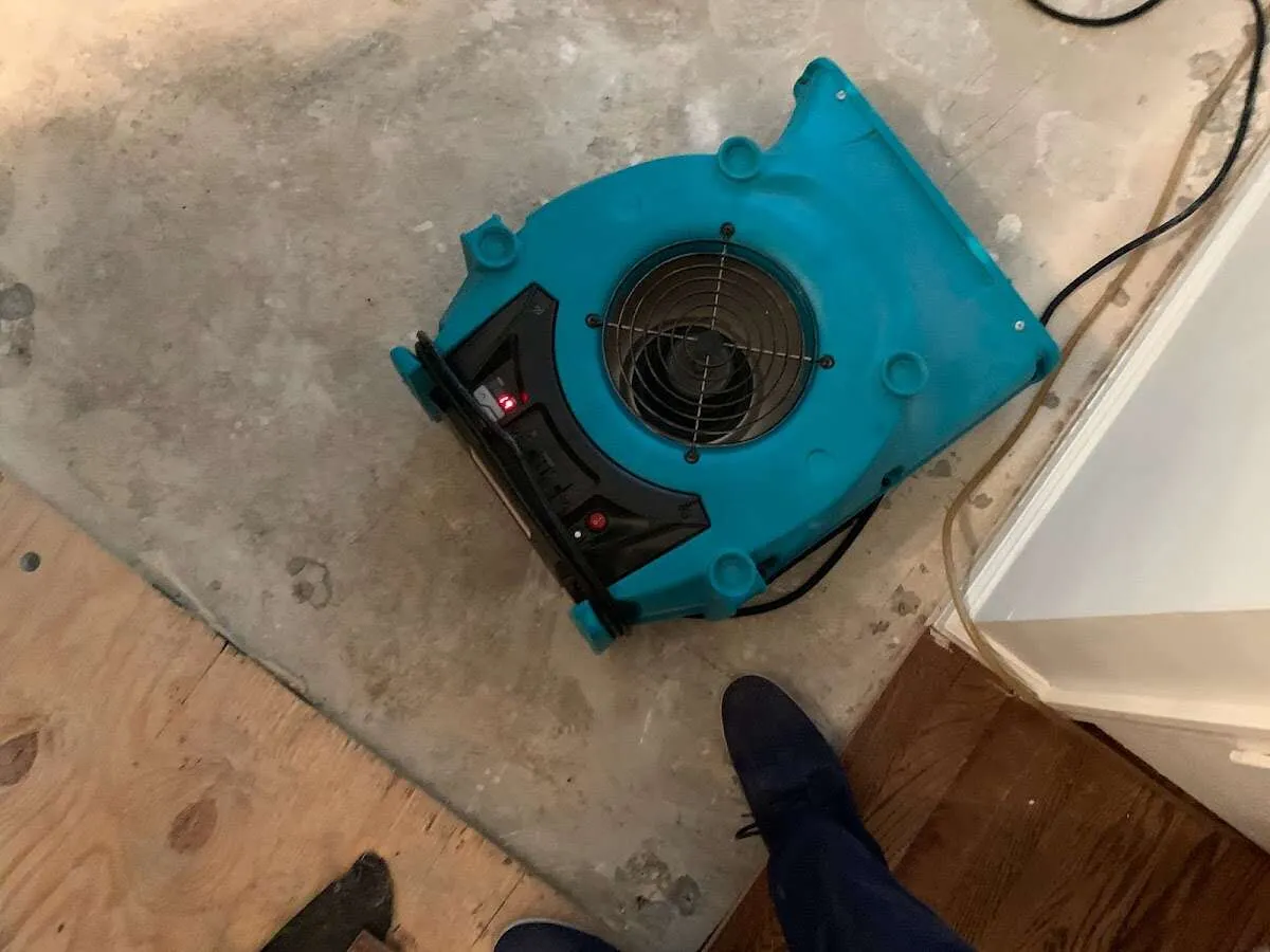 Air mover drying subfloor during Commercial Water Damage Restoration in Port Allen